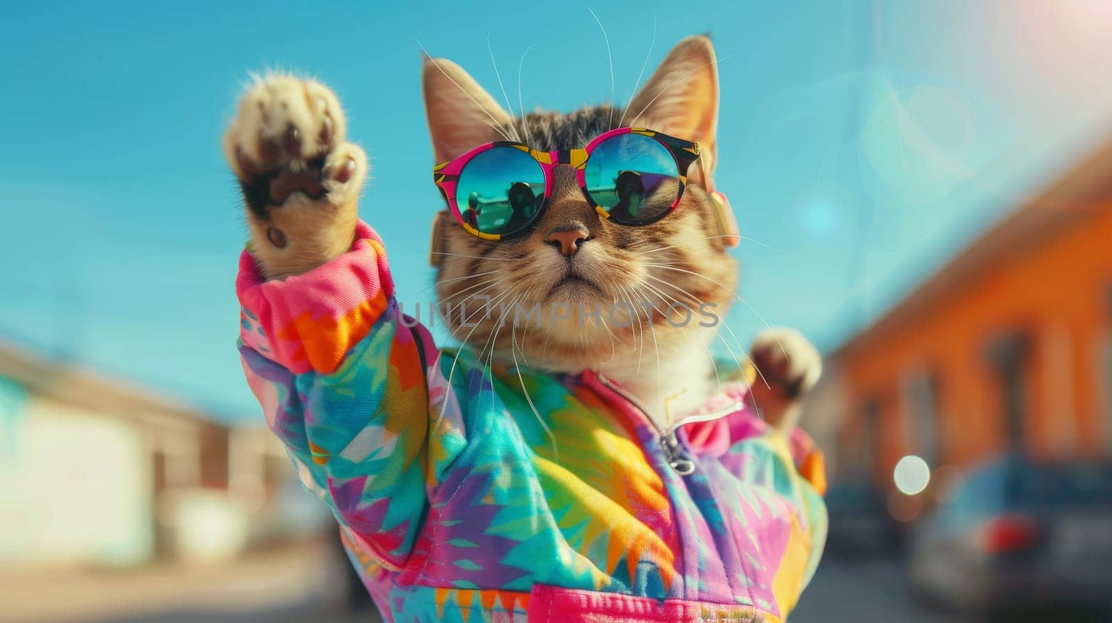 Cat wearing colorful clothes and sunglasses on pastel background, Summer vacation, Generative AI.