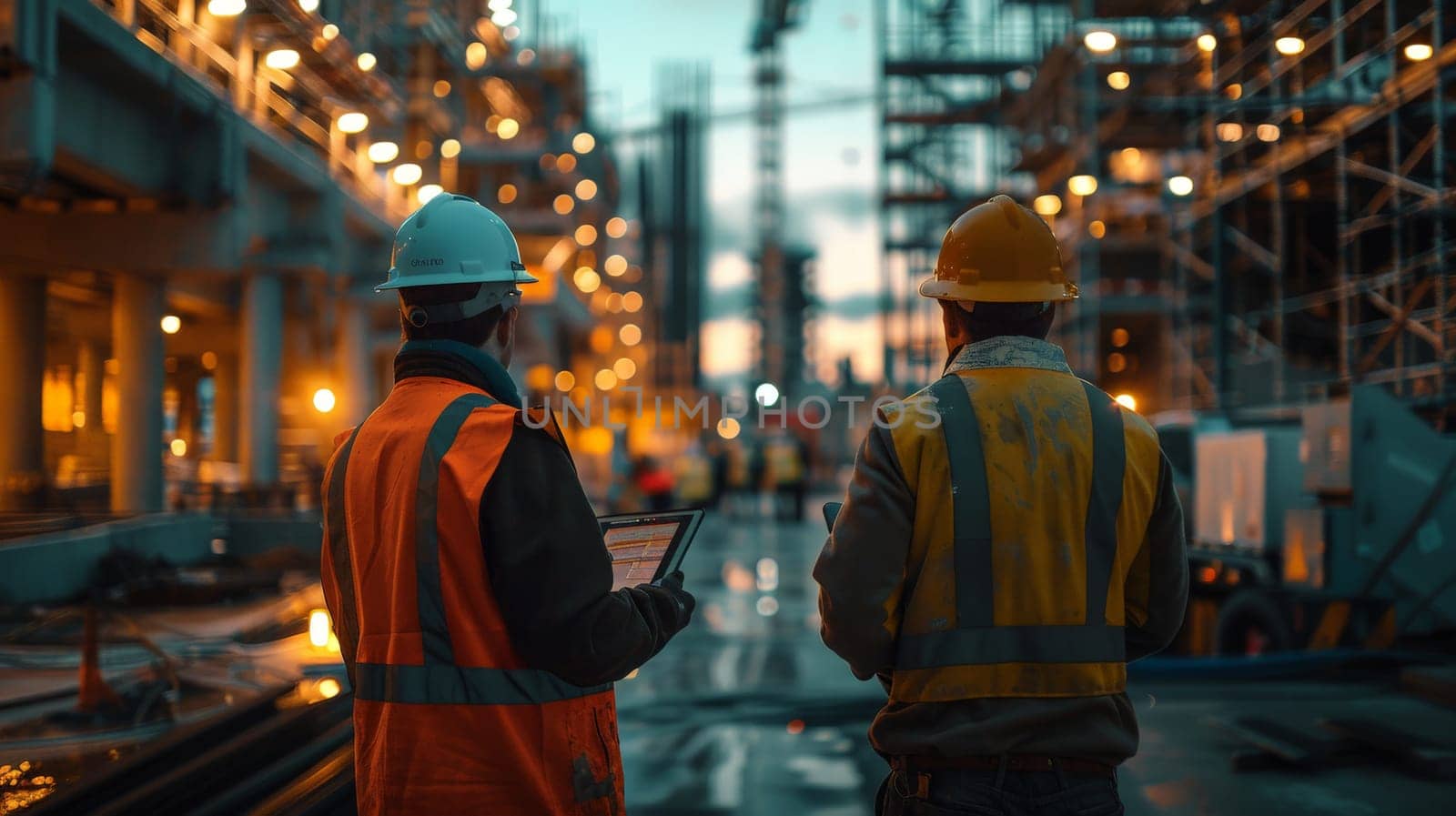 Interaction between Foreman and technician in construction site, Generative AI.