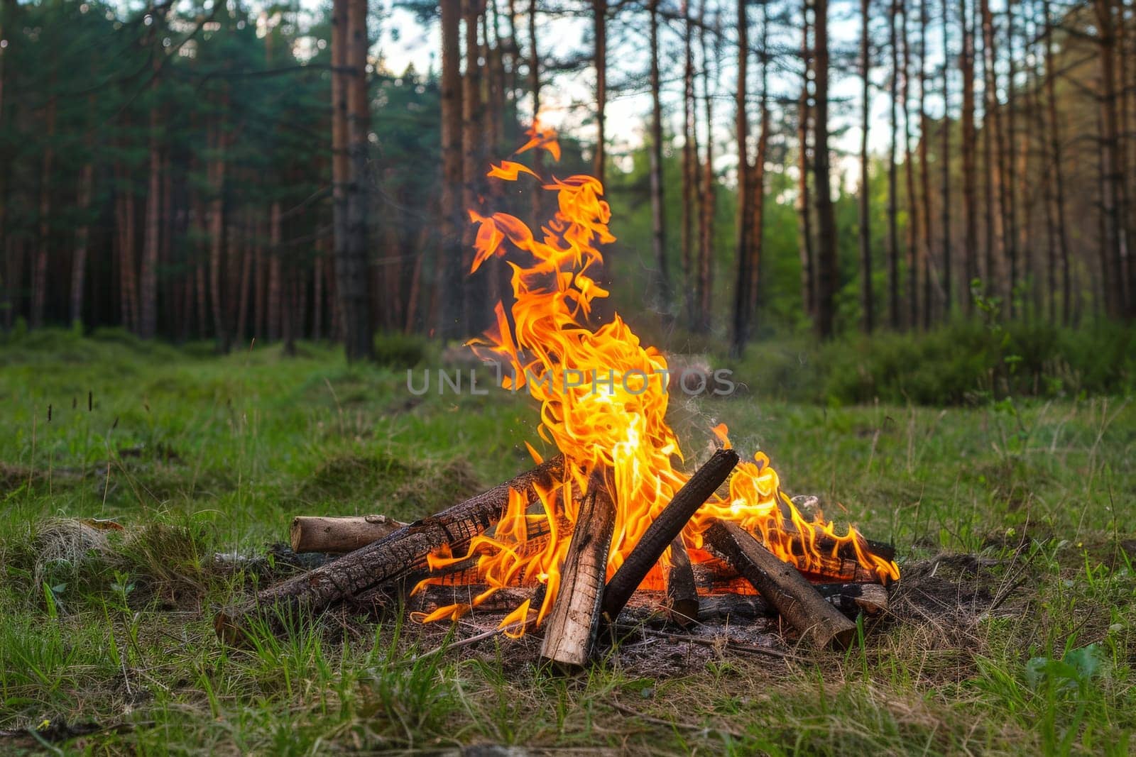 Big vibrant camp fire in green forest background during daytime, Generative AI.