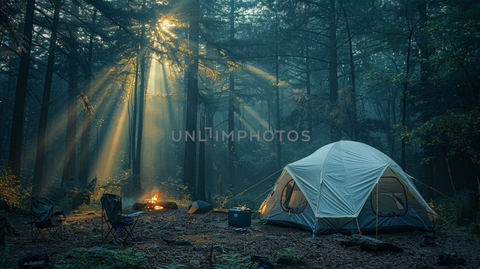 Camping in the woods, Camping tent set up in a lush green forest, Generative AI by nijieimu