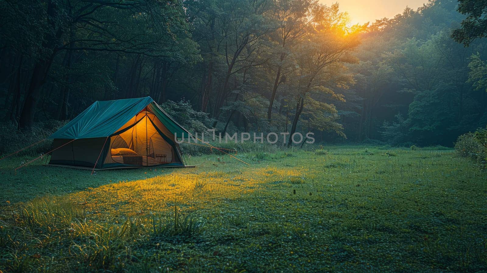 Camping in the woods, Camping tent set up in a lush green forest, Generative AI by nijieimu