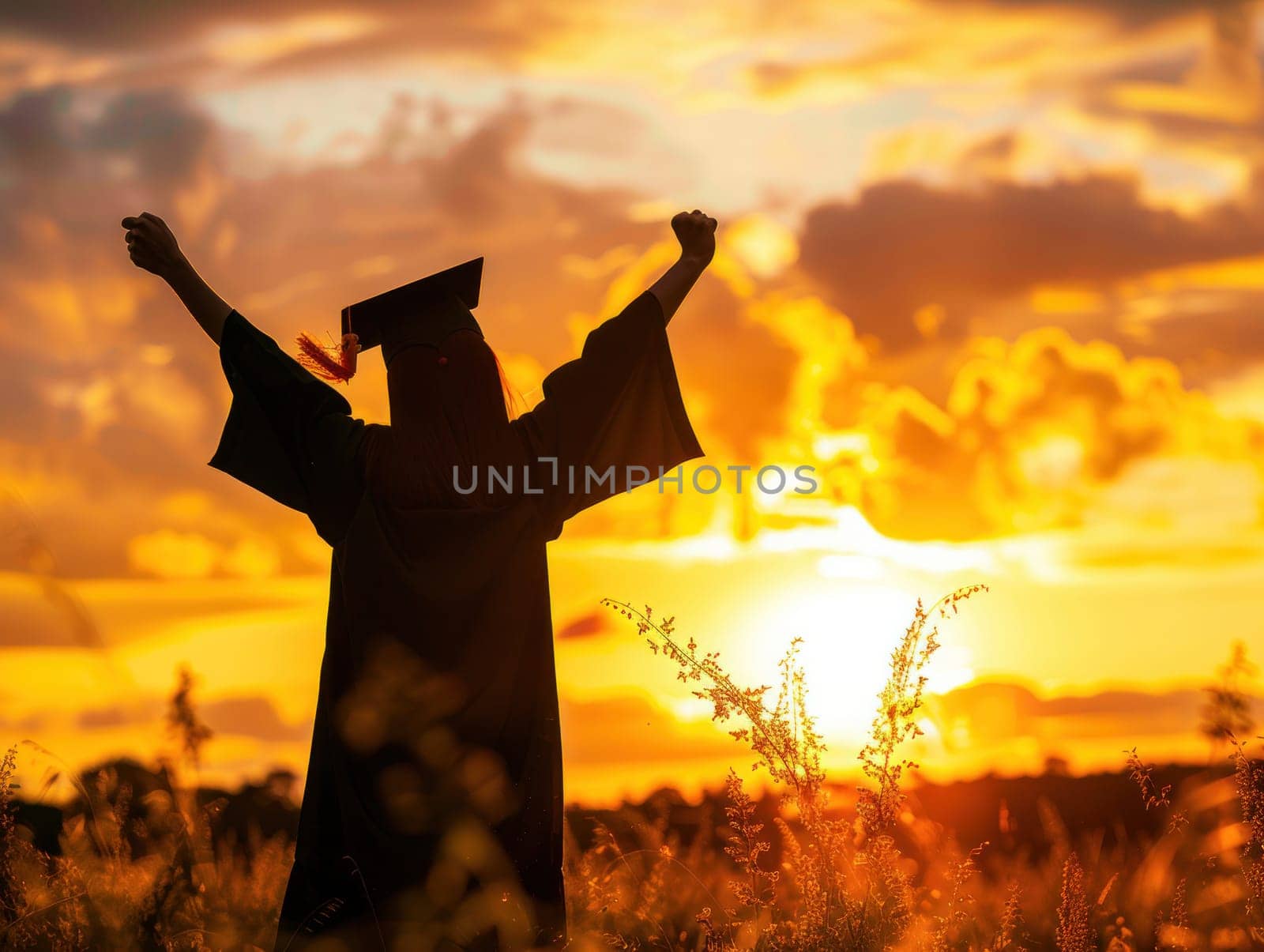 A woman in a graduation cap and gown is standing in front of a sunset by golfmerrymaker