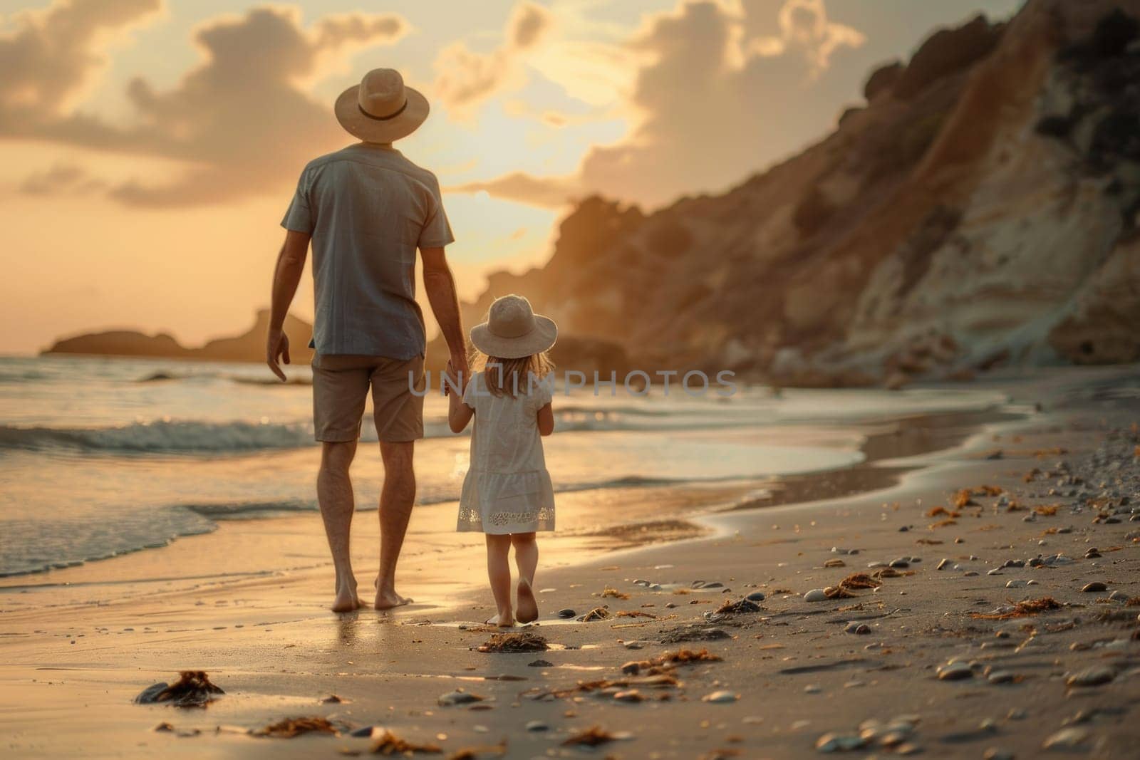 A man and a little girl are walking on the beach. The man is holding the girl's hand. The sky is orange and the sun is setting. Scene is peaceful and relaxing