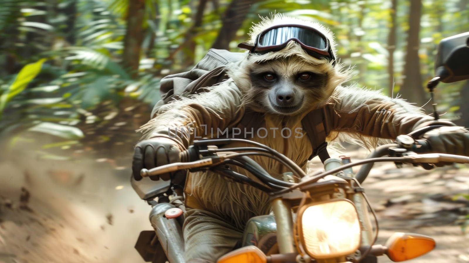 A sloth is riding a motorcycle with a helmet on.