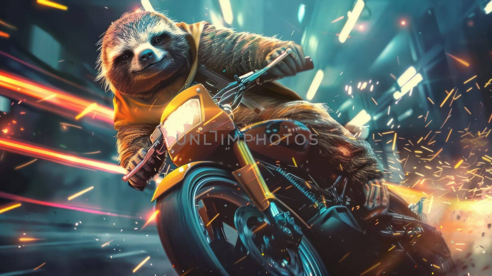 A sloth is riding a motorcycle with a helmet on by golfmerrymaker