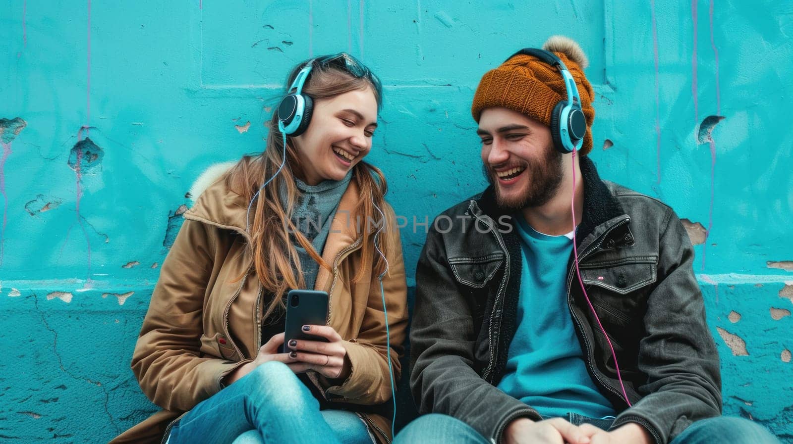 A man and a woman are sitting on a wall, smiling and wearing headphones. They are both looking at their cell phones