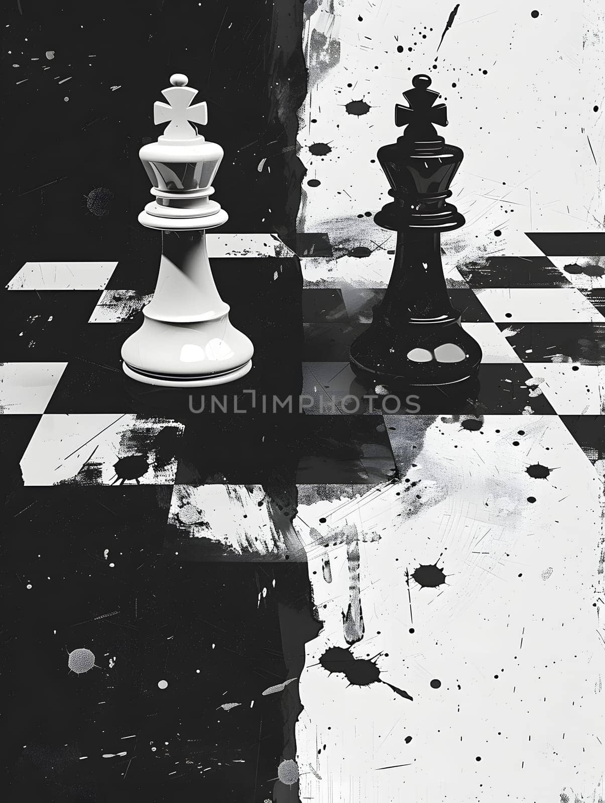 A monochrome photograph featuring two chess pieces on a board game, showcasing tints and shades in indoor recreation. A still life tabletop game captured in black and white stock photography