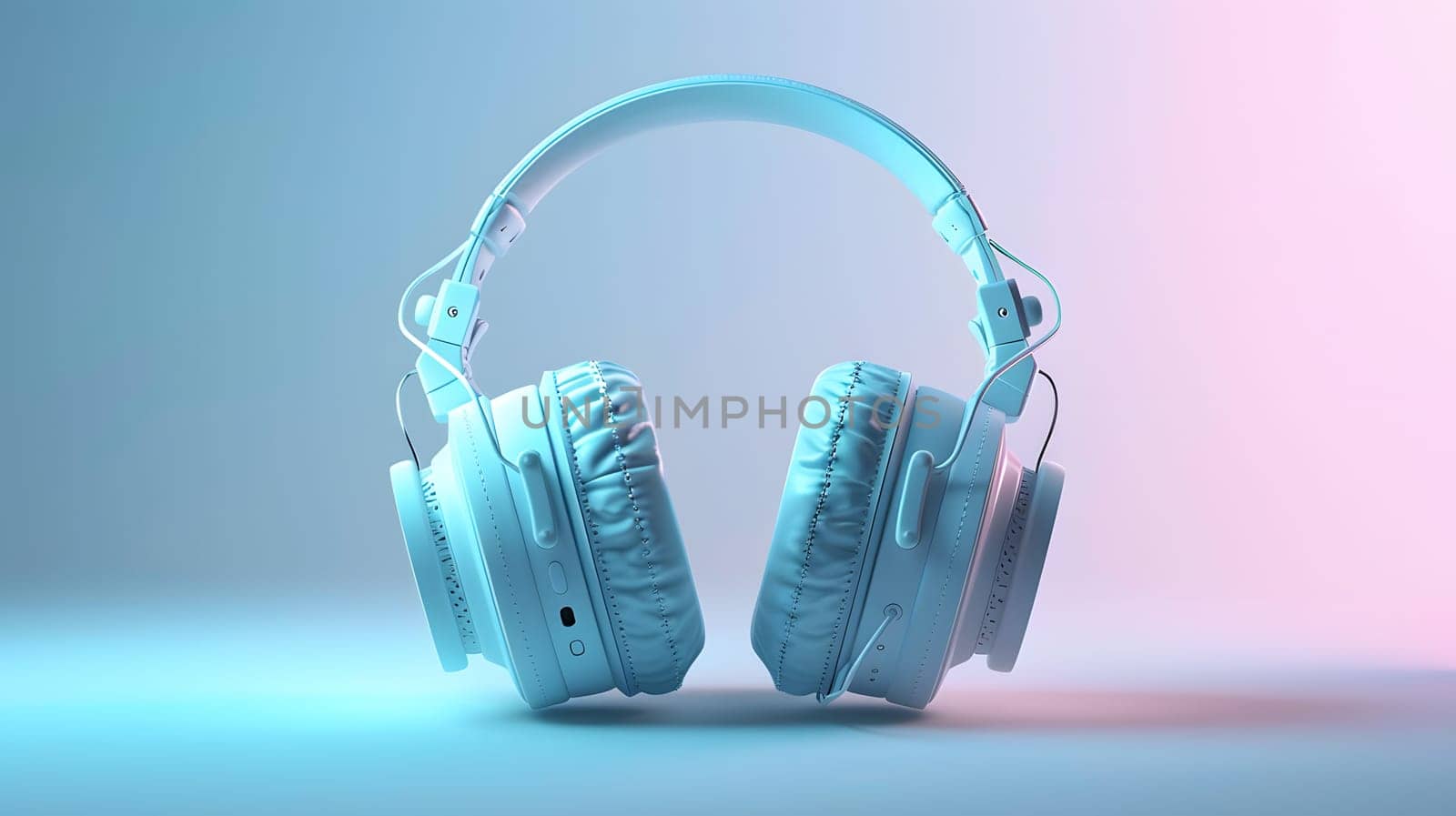 A pair of electric blue headphones, a fashion accessory, on a background of electric blue and magenta. The wire of the headphones is neatly coiled, creating a stylish and trendy image