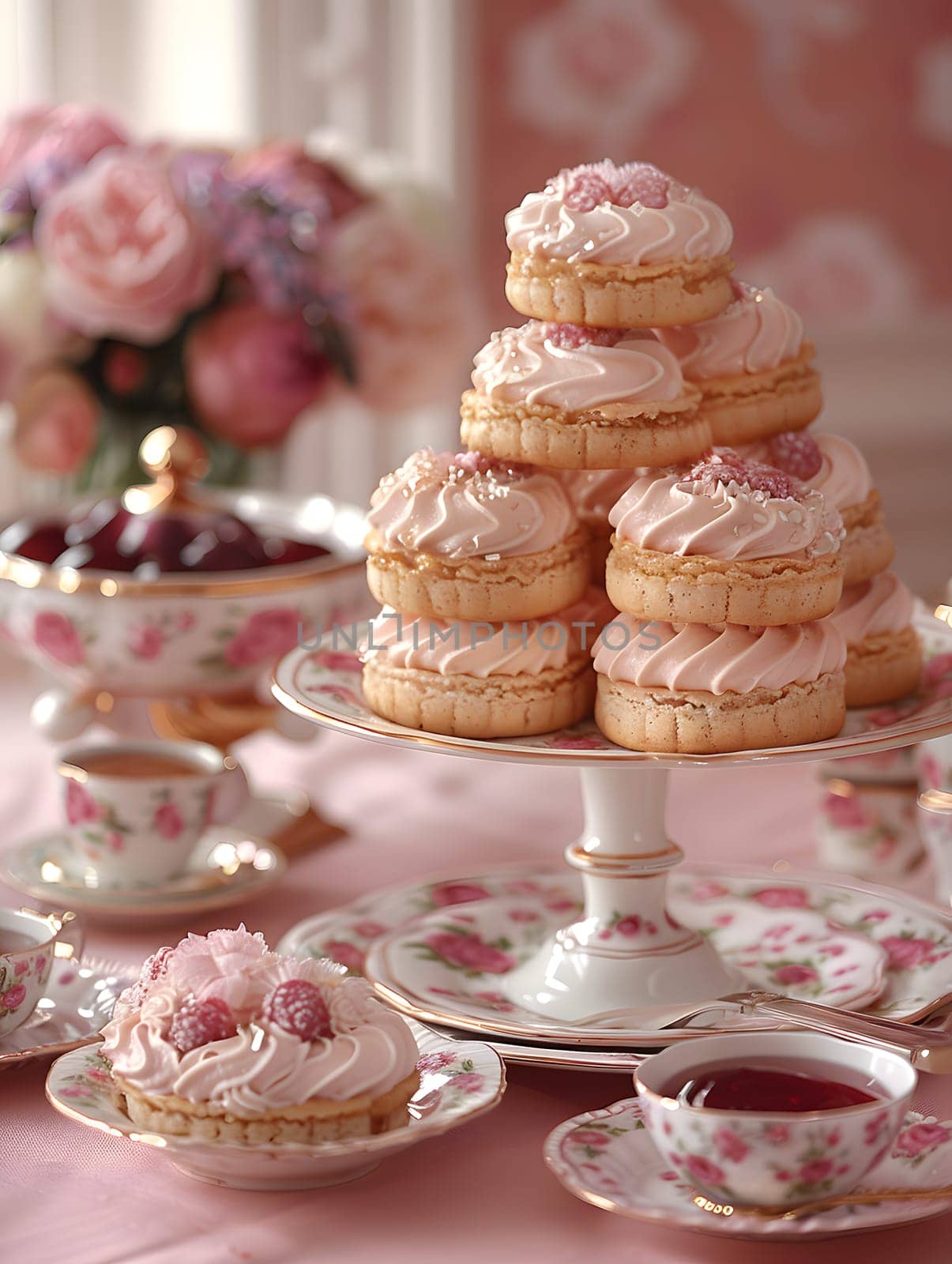 A stack of cupcakes with pink frosting on a cake stand, displayed on a table set with food and drinkware. A delightful dessert spread for any occasion