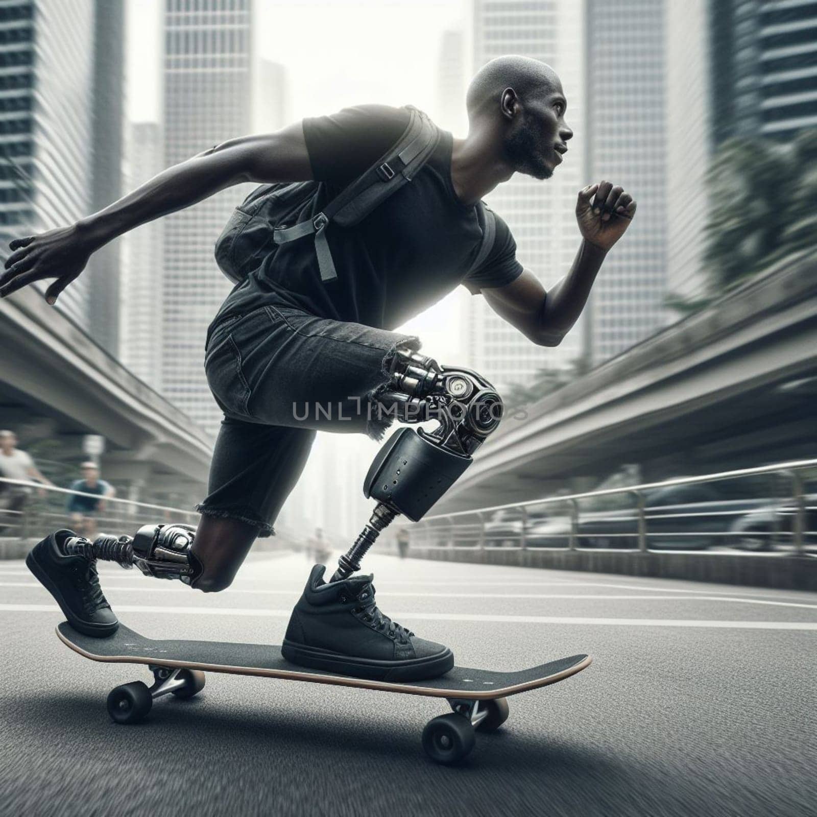 A man with a prosthetic leg is skateboarding down a sidewalk at sunset in a city setting by verbano