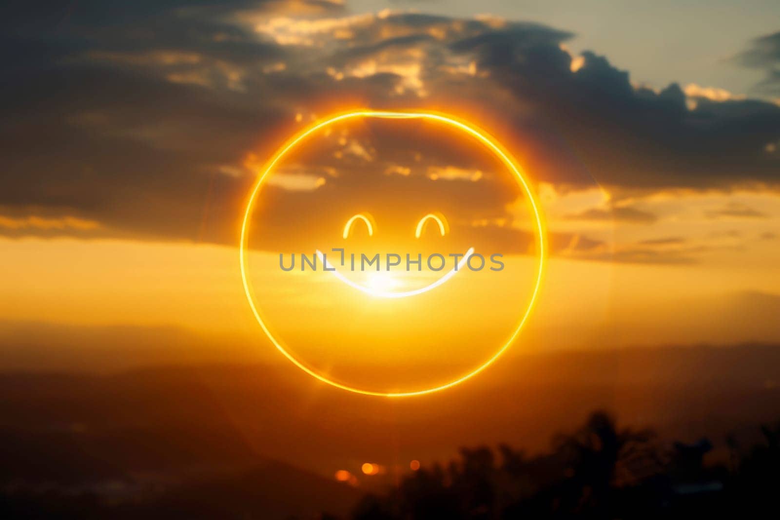 Cheerful yellow smile face on sunset background. positivity and mental health . AI generated by matamnad