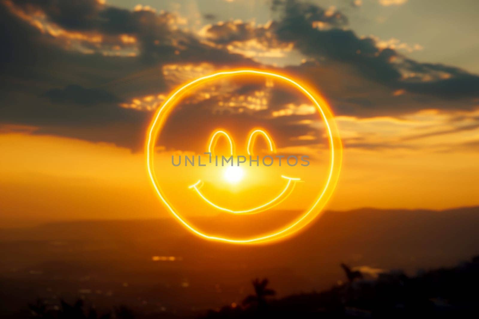 Cheerful yellow smile face on sunset background. positivity and mental health . AI generated by matamnad