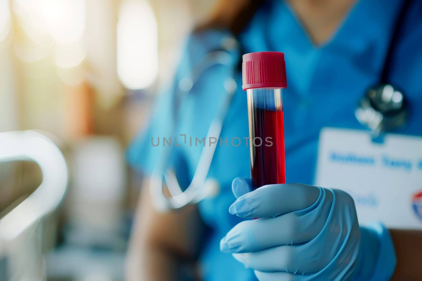 Doctor holding blood tube test in the research laboratory. health for check up . Generative ai.