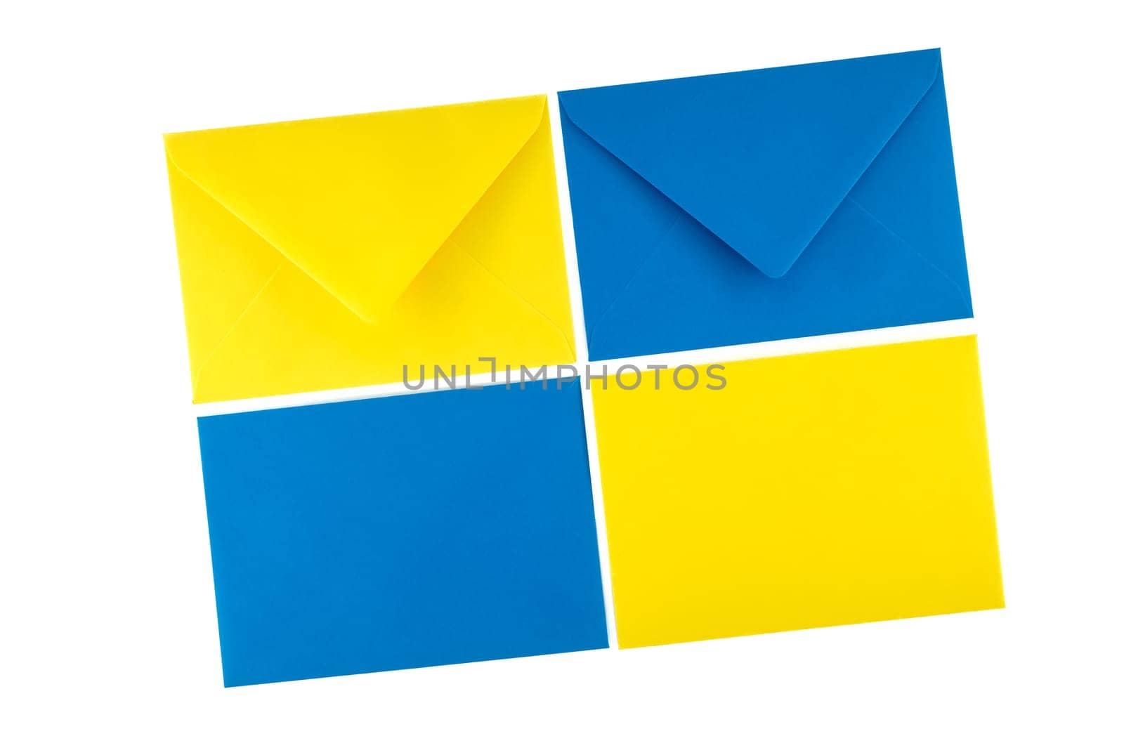 Four blue and yellow paper envelope arranged in a square formation follow the scheme of the Windows 10 logo