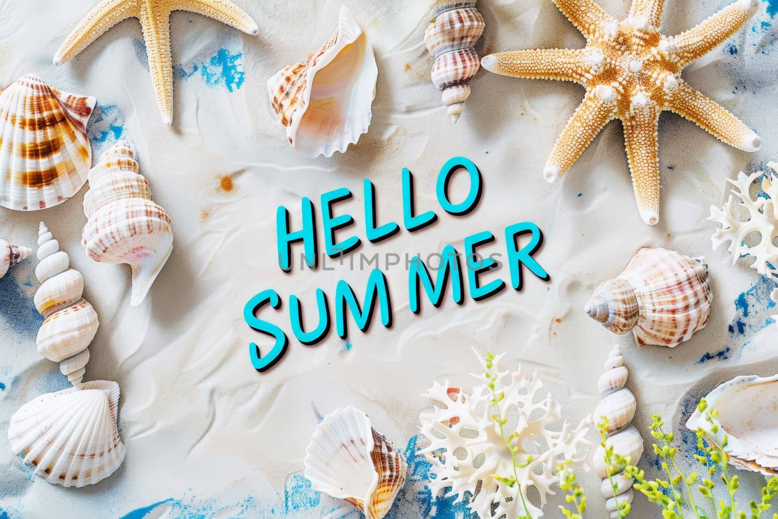 Hello summer banner with sand beach with top view, Generative AI. by matamnad