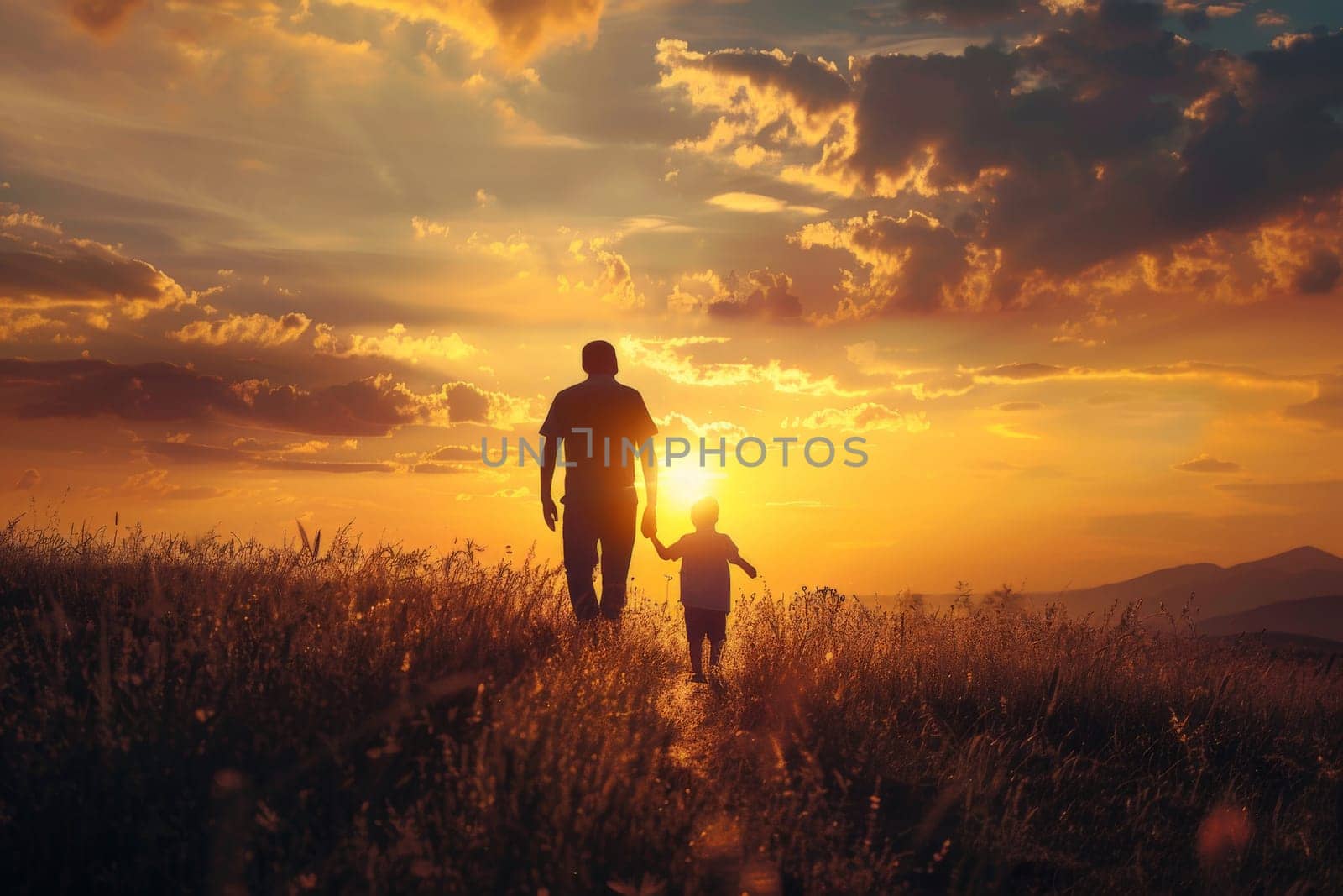 father's day. Silhouettes of father and son on sunset landscape background. Generative AI.