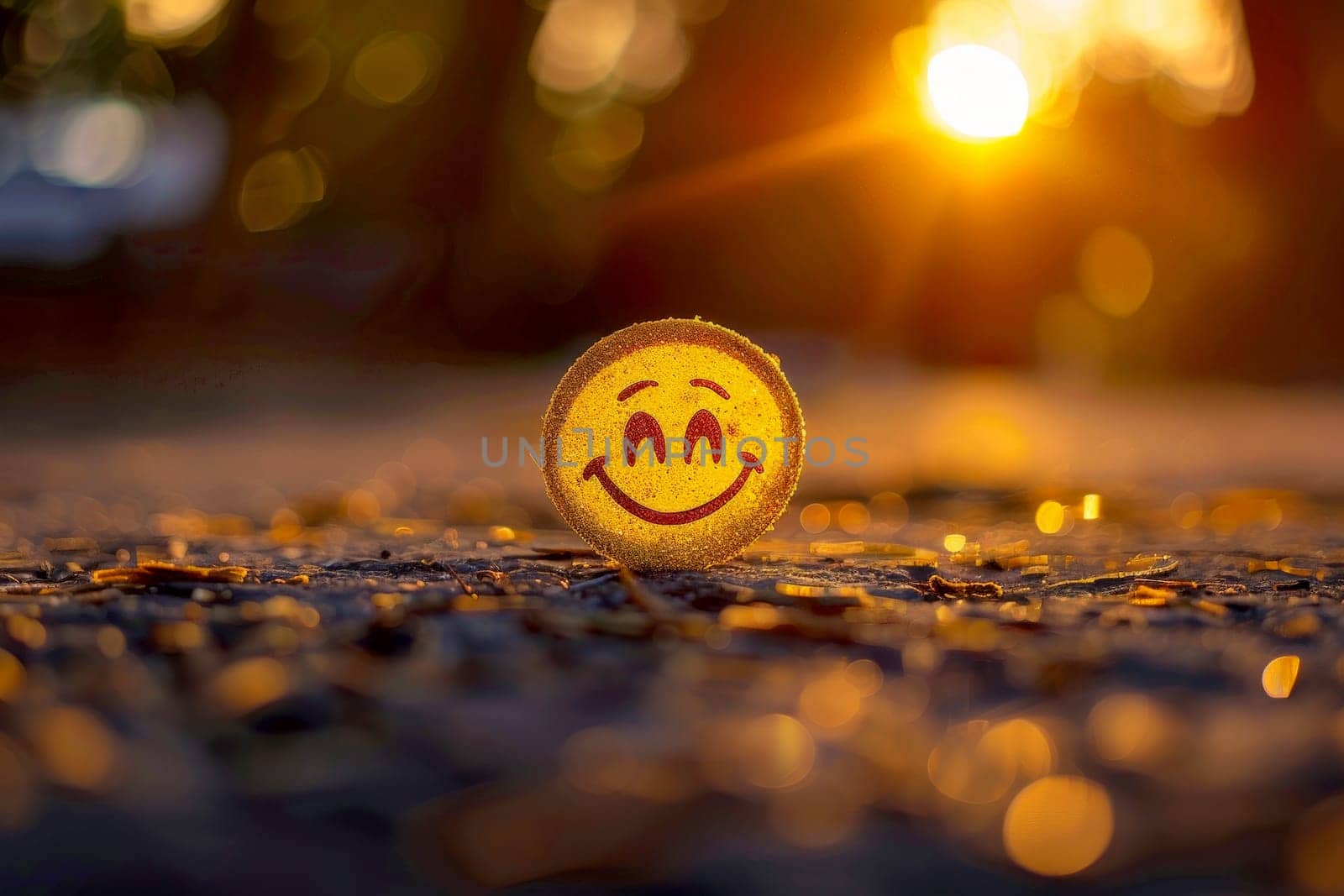 Cheerful yellow smile face on sunset background. positivity and mental health . AI generated by matamnad