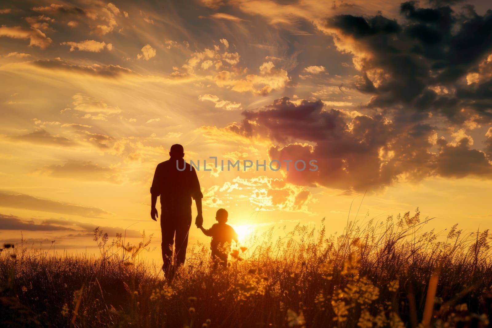 father's day. Silhouettes of father and son on sunset landscape background. Generative AI.