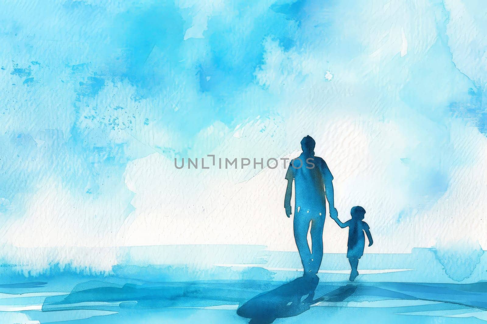 father's day. father and son on sunset landscape background. Generative AI.