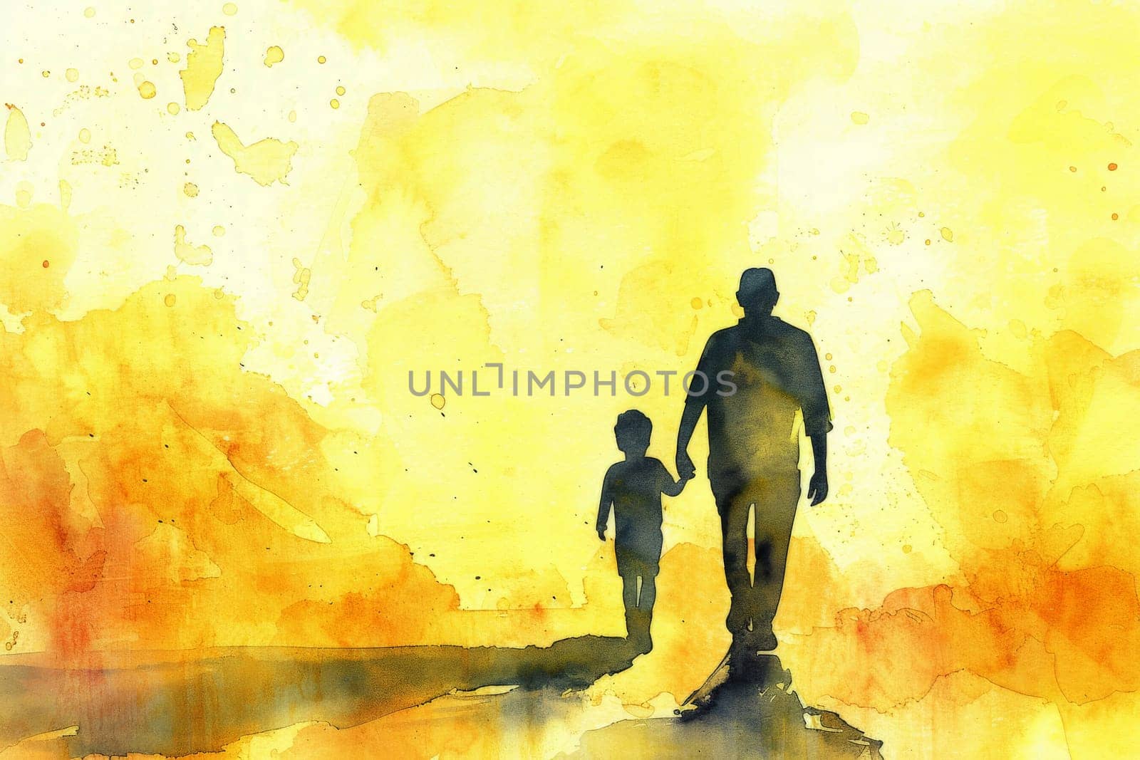 father's day. father and son on sunset landscape background. Generative AI.