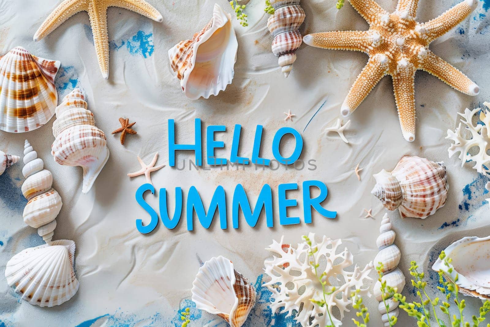 Hello summer banner with sand beach with top view, Generative AI. by matamnad