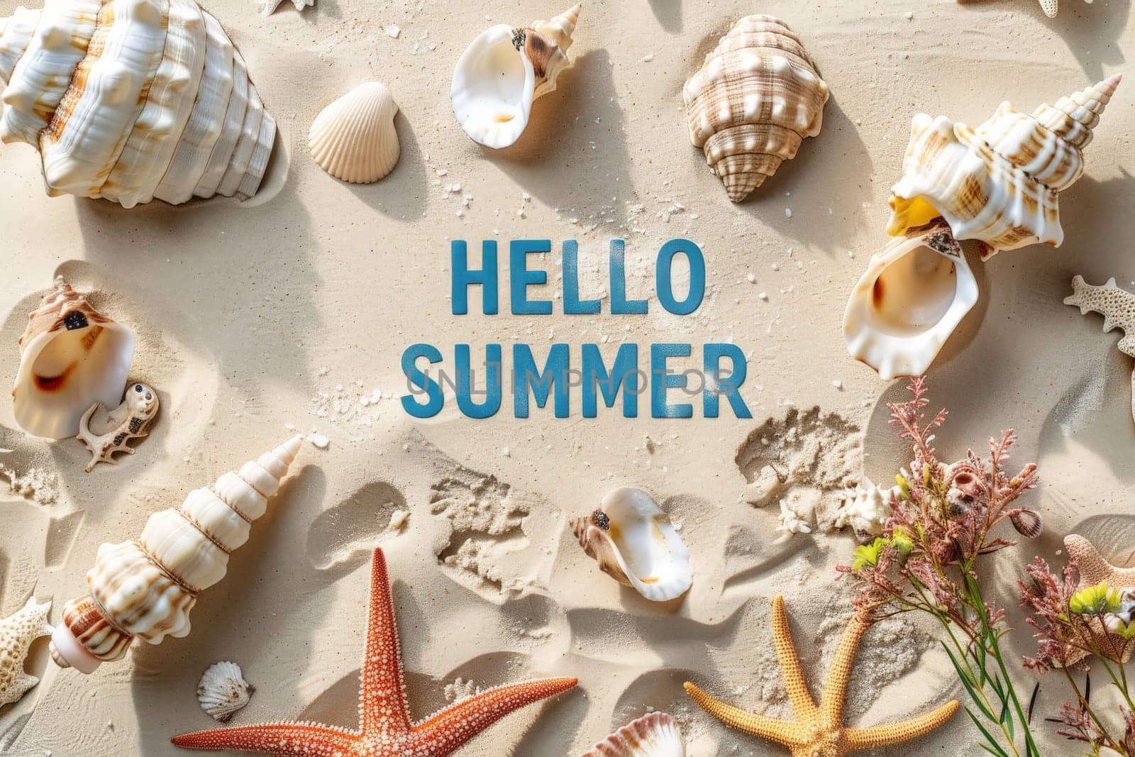 Hello summer banner with sand beach with top view, Generative AI..