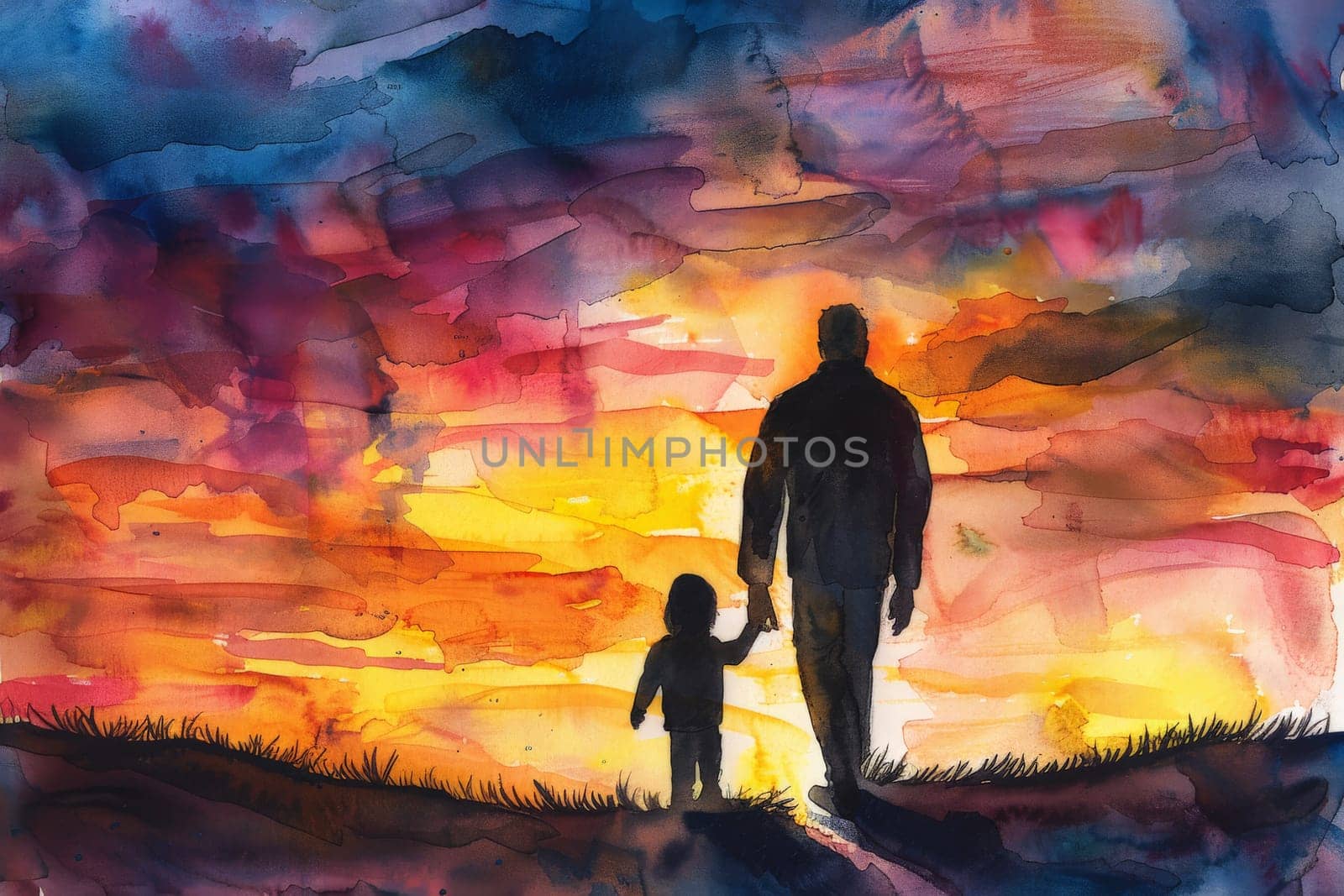 father's day. father and son on sunset landscape background. Generative AI.