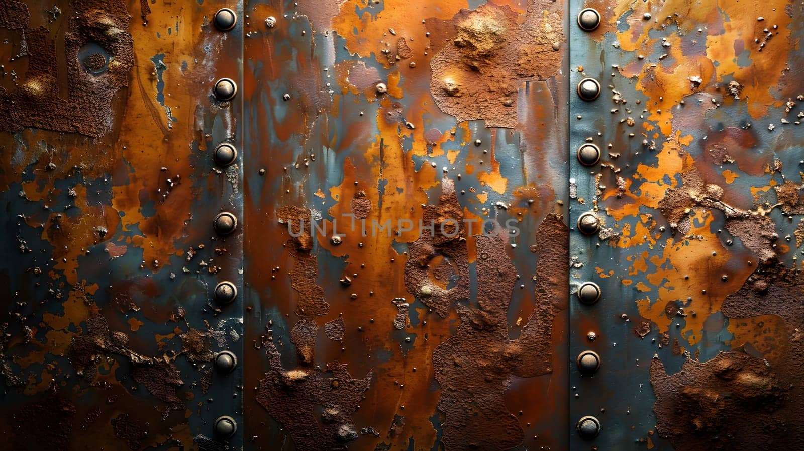 A close up of a brown rusty metal surface with rivets, resembling an art painting. The texture is reminiscent of wood grain, creating a visual arts event on the window of the glass