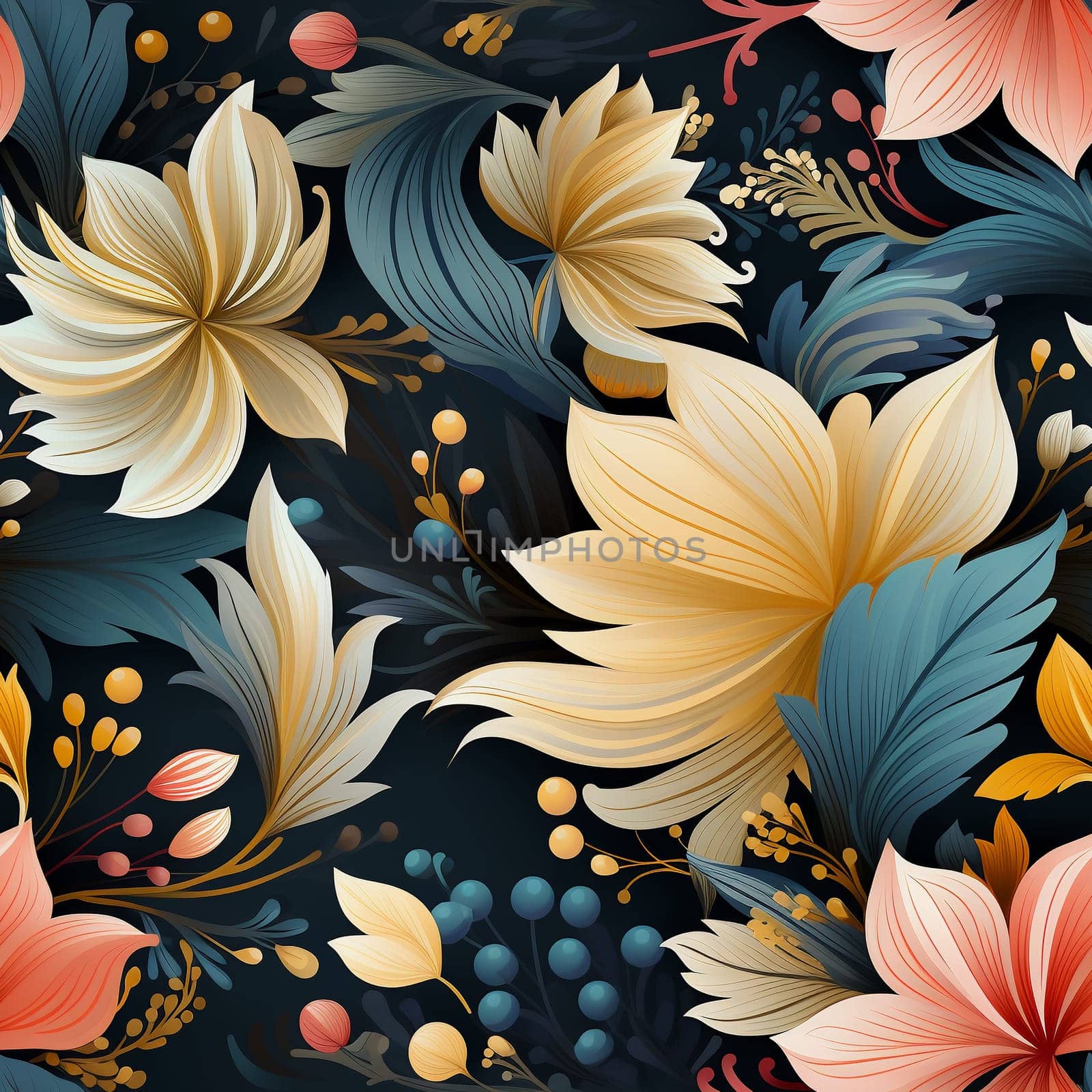 Seamless pattern tile background flowers and floral leaves plants. High quality photo