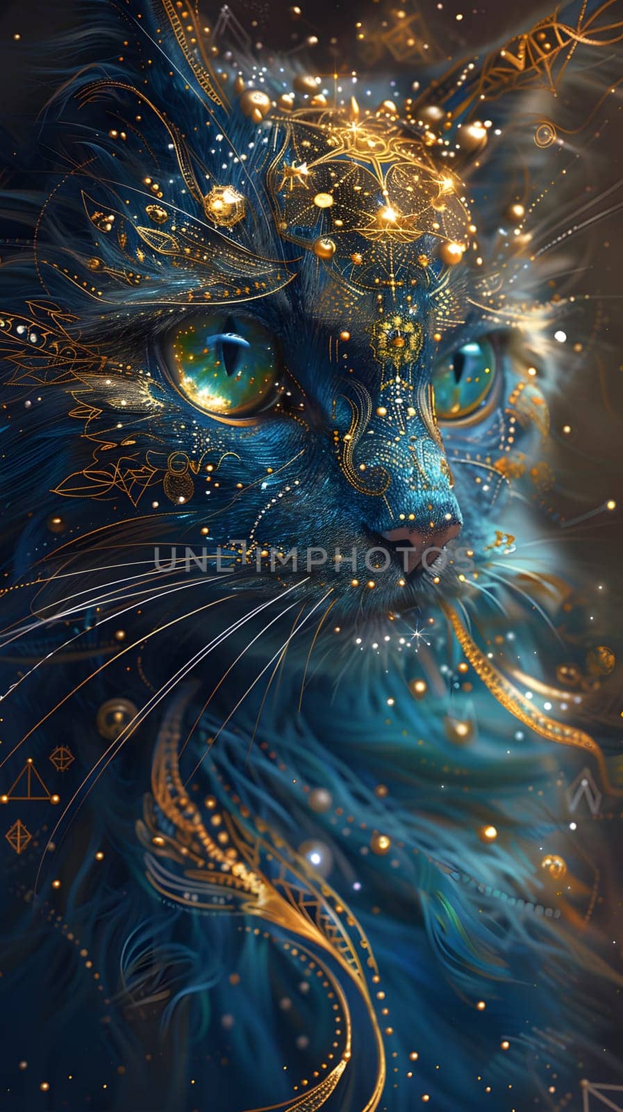 a blue and gold painting of a cat with green eyes by Nadtochiy