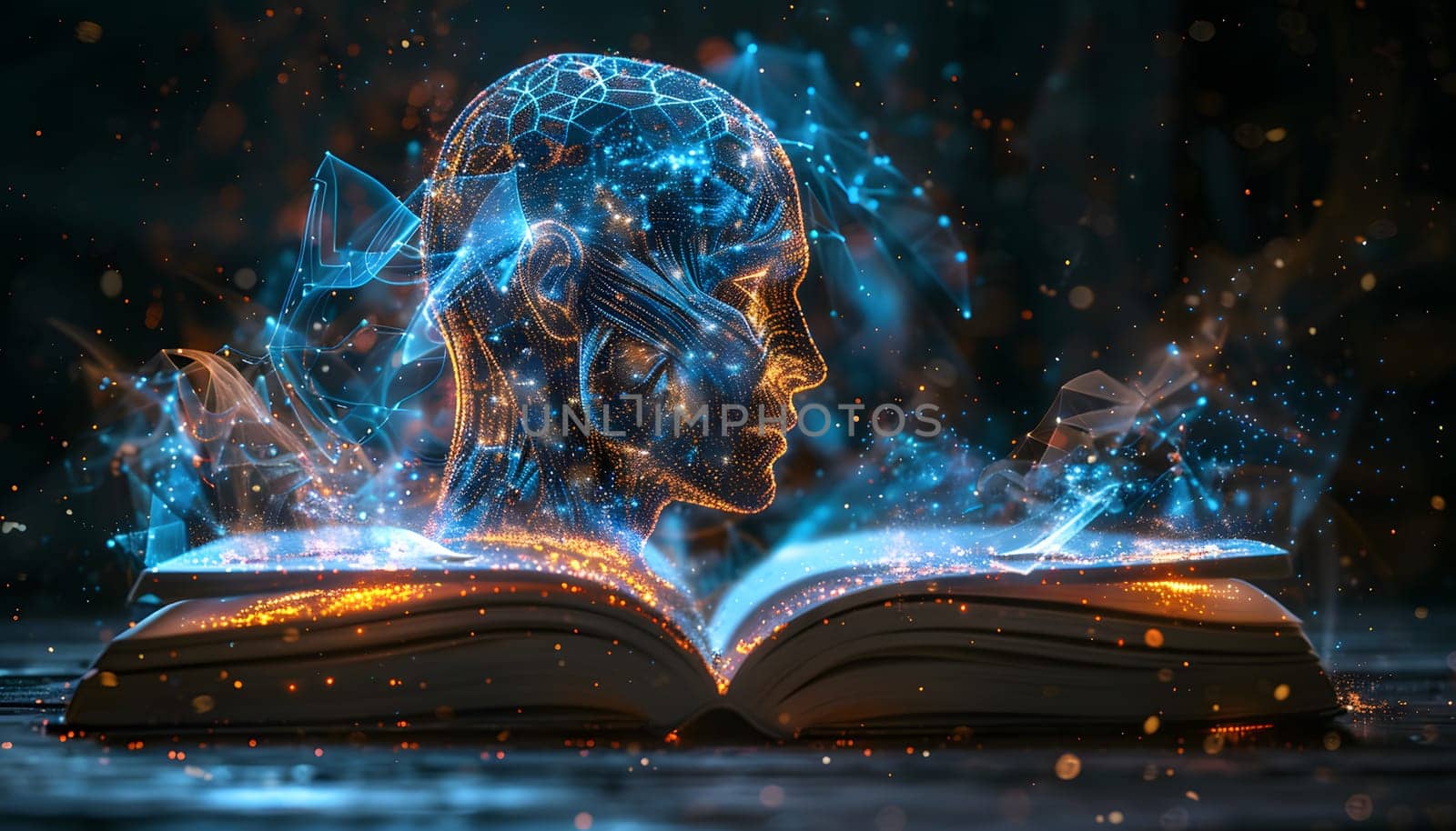 a glowing head is coming out of an open book by Nadtochiy