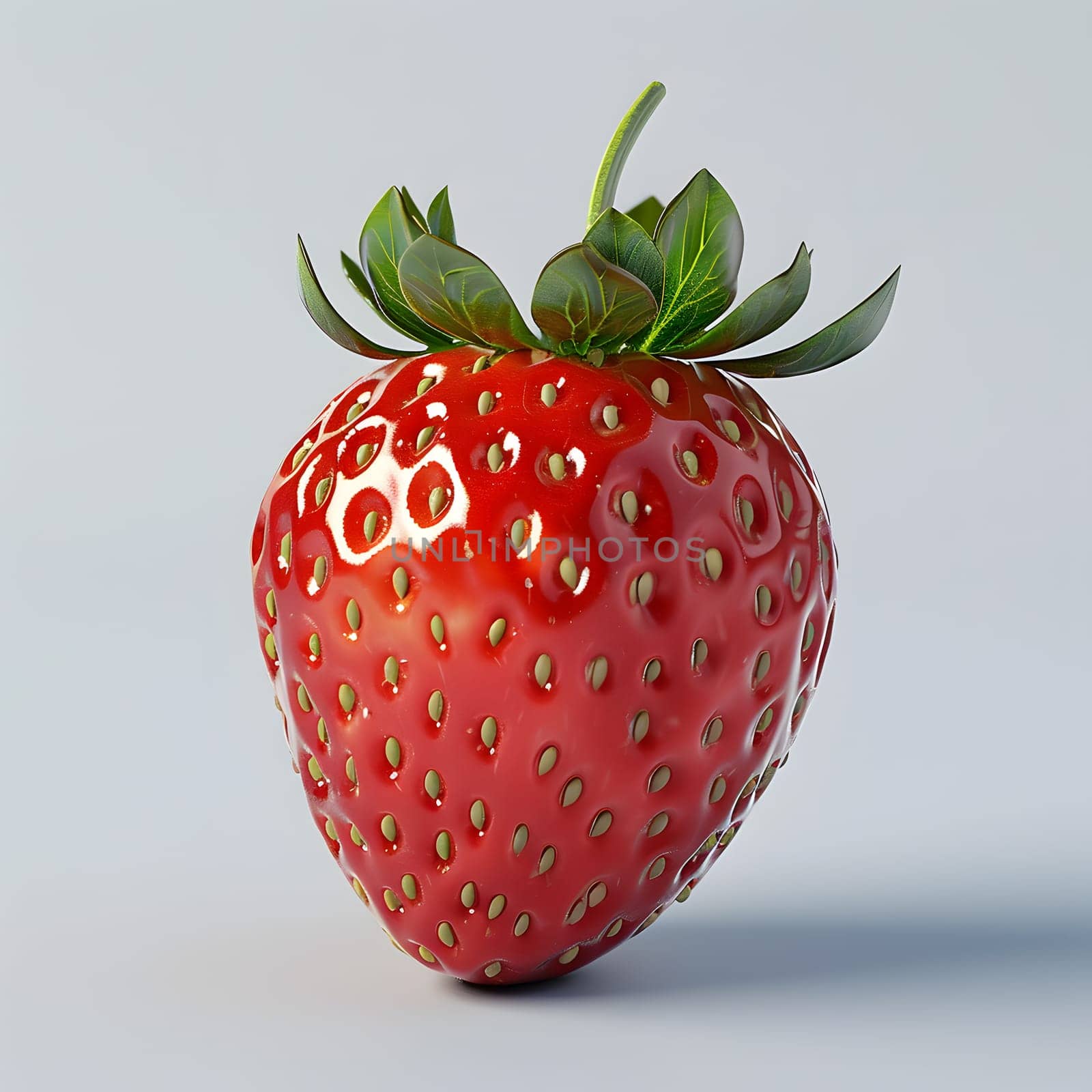 A red strawberry with green leaves, a staple food that is both a fruit and a berry, seedless and natural foods, on a white background in a rectangle shape