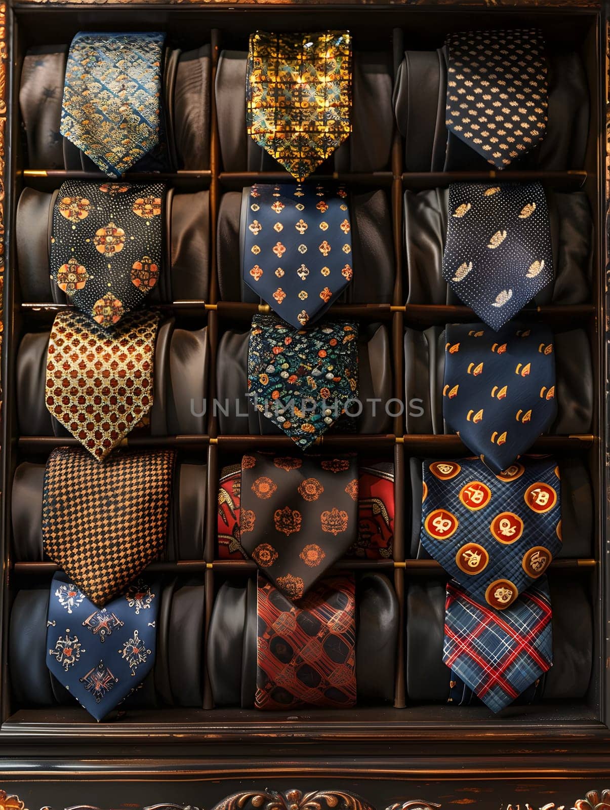A rectangular brown wooden display case filled with assorted textile ties in various shades and patterns, showcased behind glass. The flooring is artfully decorated with a plaid design