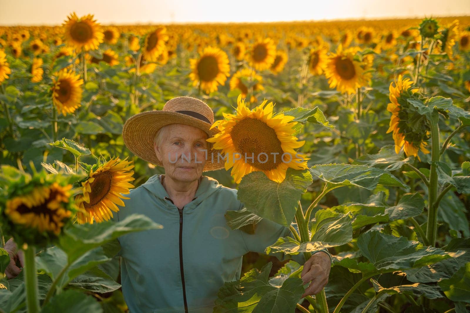 A woman wearing a straw hat stands in a field of sunflowers. The sun is setting in the background, casting a warm glow over the scene. The woman is enjoying the beauty of the flowers