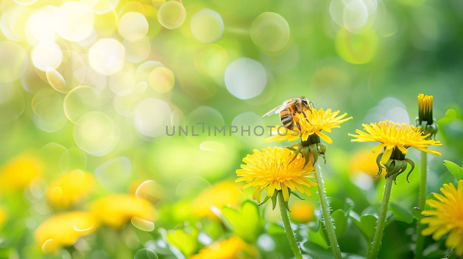 A honey bee collects nectar from yellow dandelion flowers. AI generated. by OlgaGubskaya