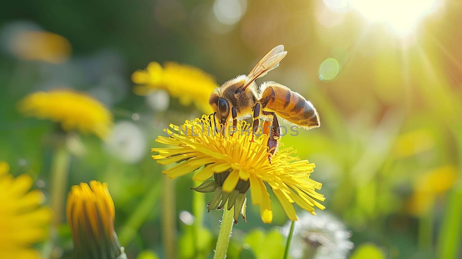 A honey bee collects nectar from yellow dandelion flowers in a garden in summer. AI generated.