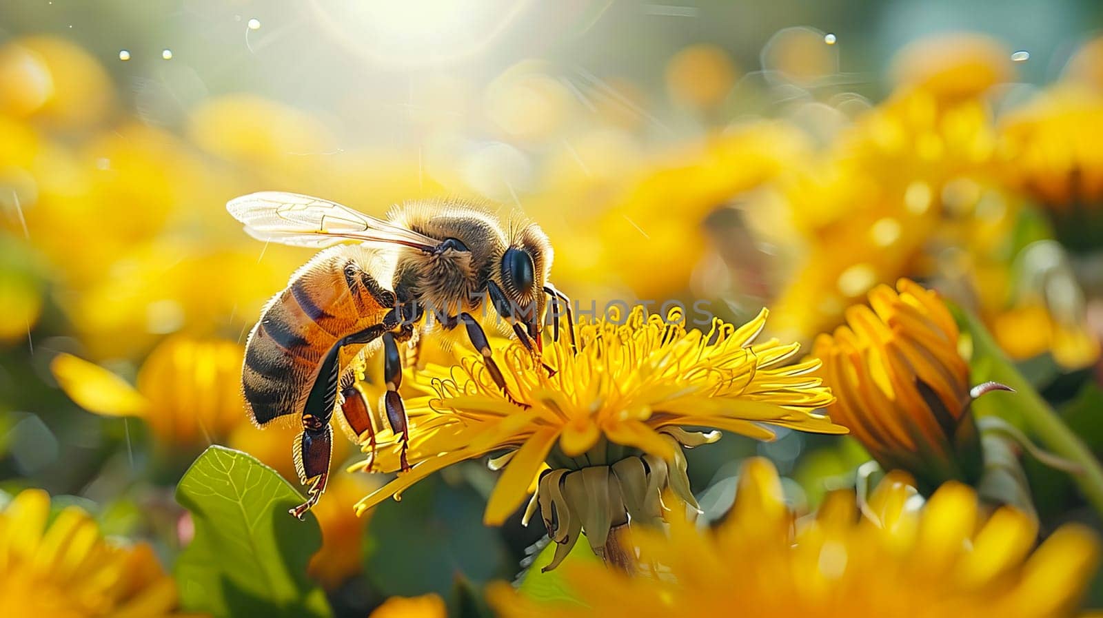 A honey bee collects nectar from yellow dandelion flowers in a garden in summer. AI generated.