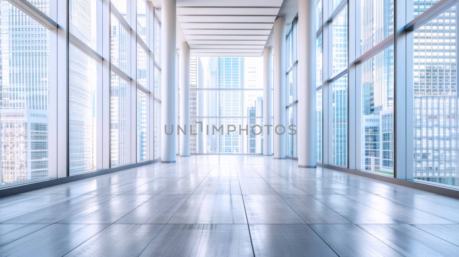 A beautiful modern spacious office hall with panoramic windows and a perspective in pleasant blue tones.