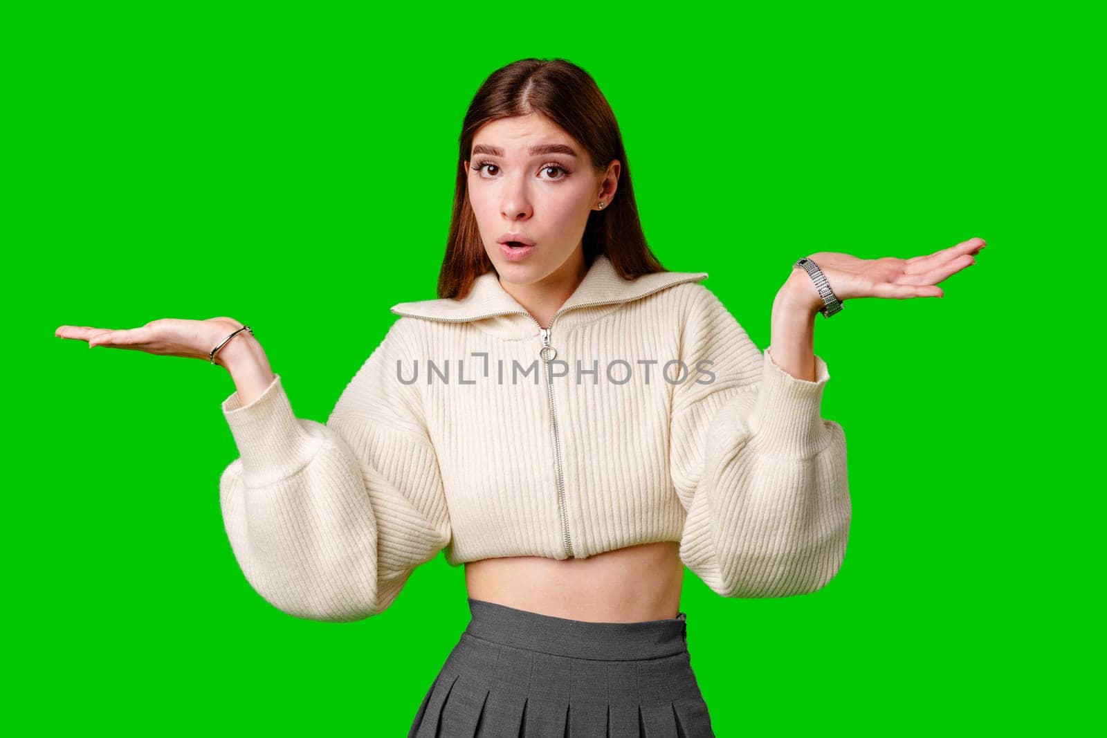 A woman wearing a white sweater is extending her hands outward in a gesture of offering or receiving. by Fabrikasimf