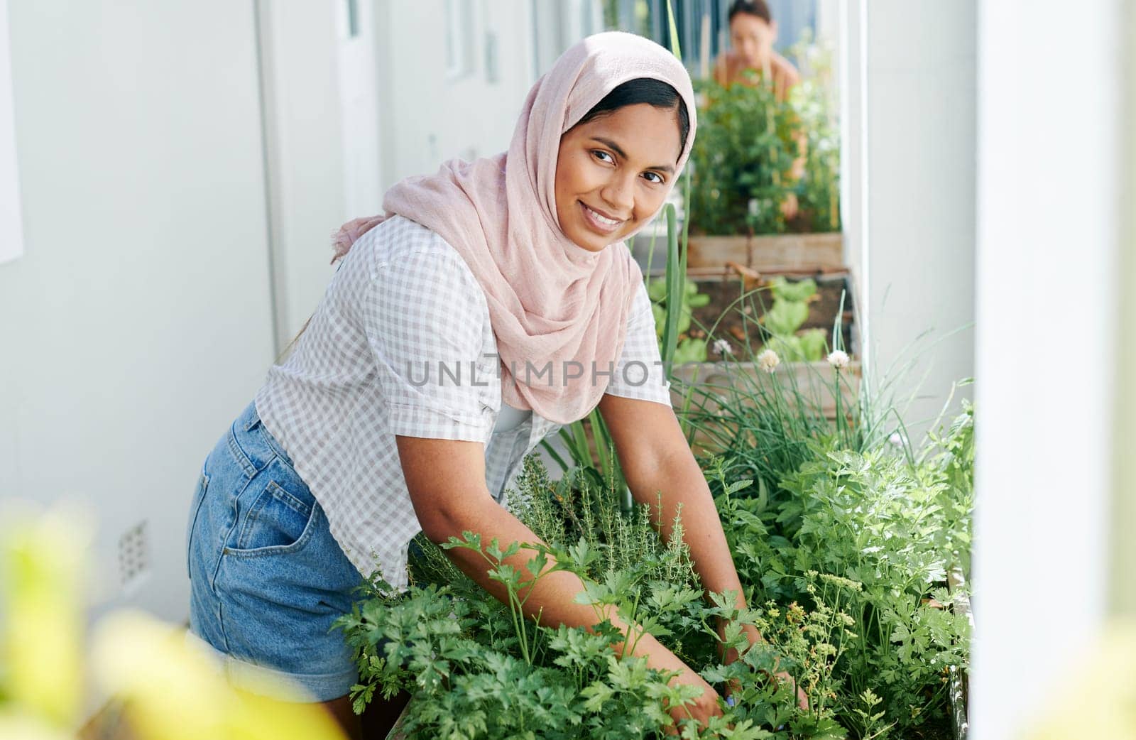 Muslim woman, plant and leaf with portrait for garden, sustainable development and faith or medicine. Gardener, flowers and texture outdoor with hijab for growth, islam culture and spiritual herbs.