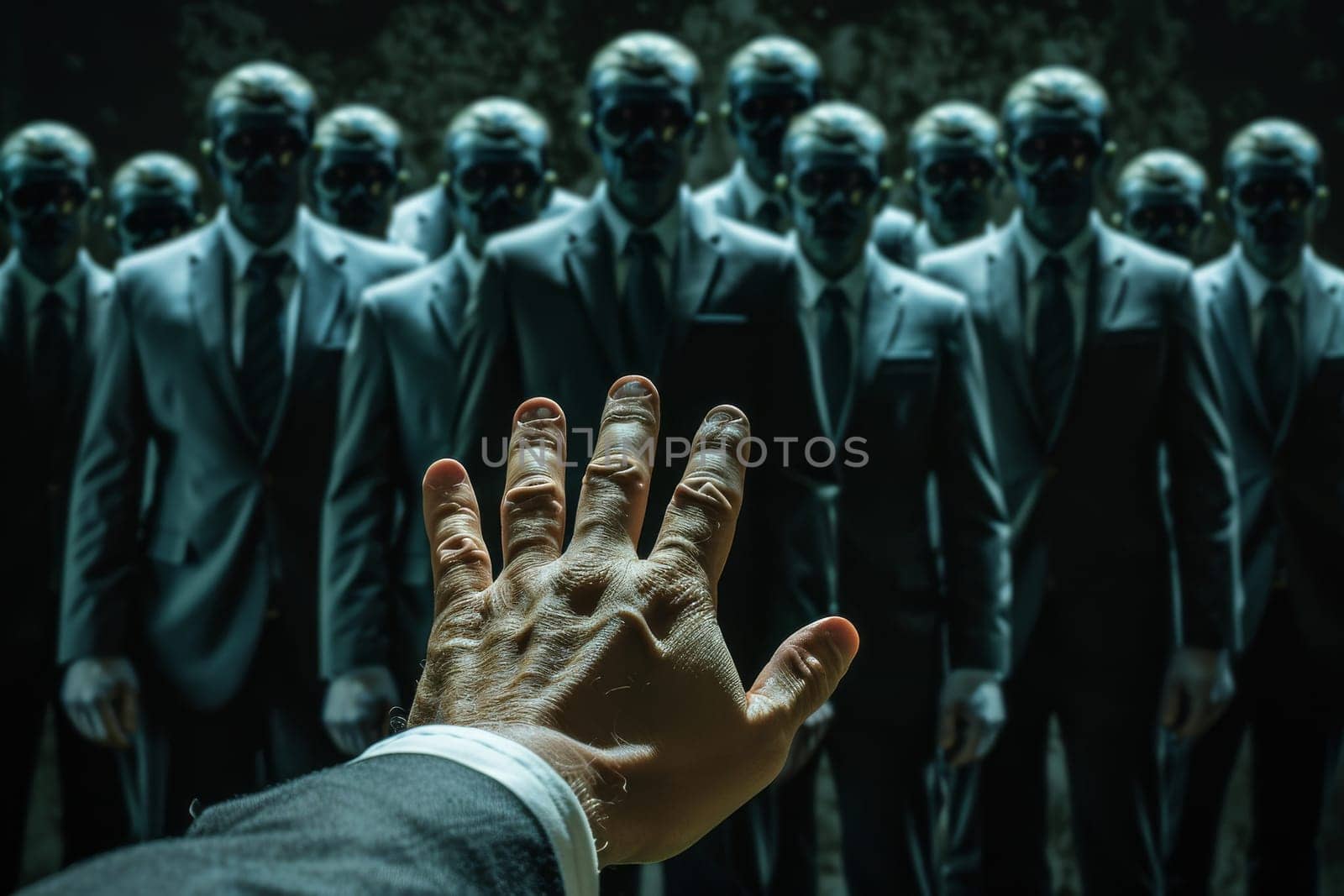 A hand is reaching out to a group of people in suits. Concept of unity and collaboration among the group