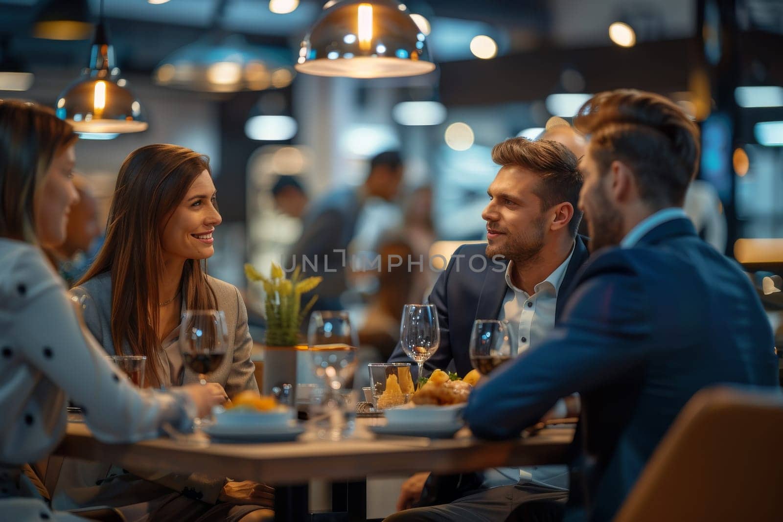 A group of people are sitting at a table with wine glasses and plates of food. A woman is smiling at the camera