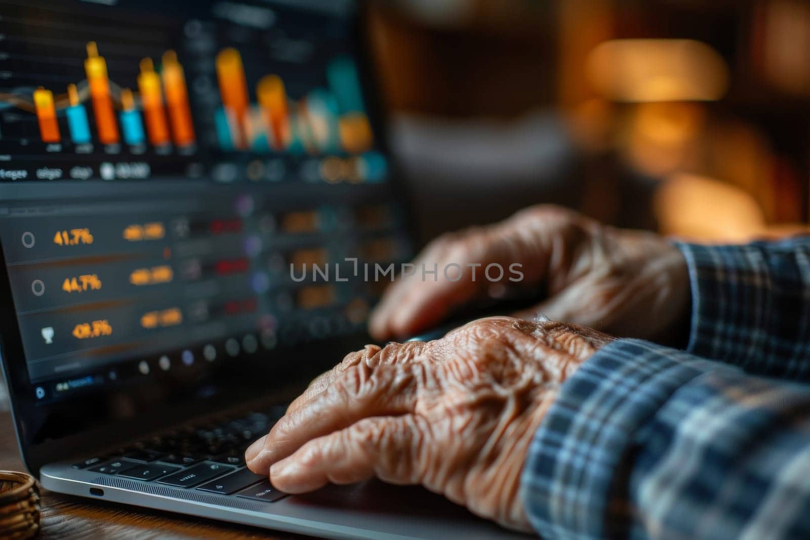 An older man is using a tablet with a finger, and the image has a futuristic, technological feel to it