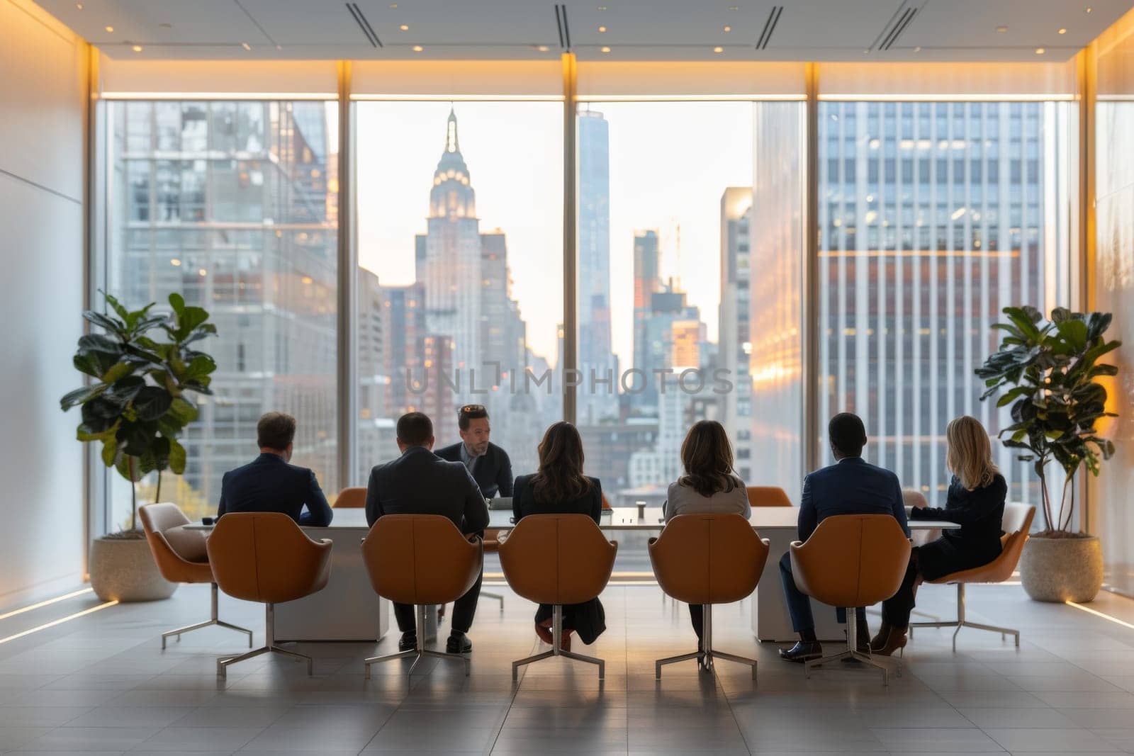 A group of people are sitting in a conference room with a view of the city. Scene is professional and focused, as the group is gathered for a meeting