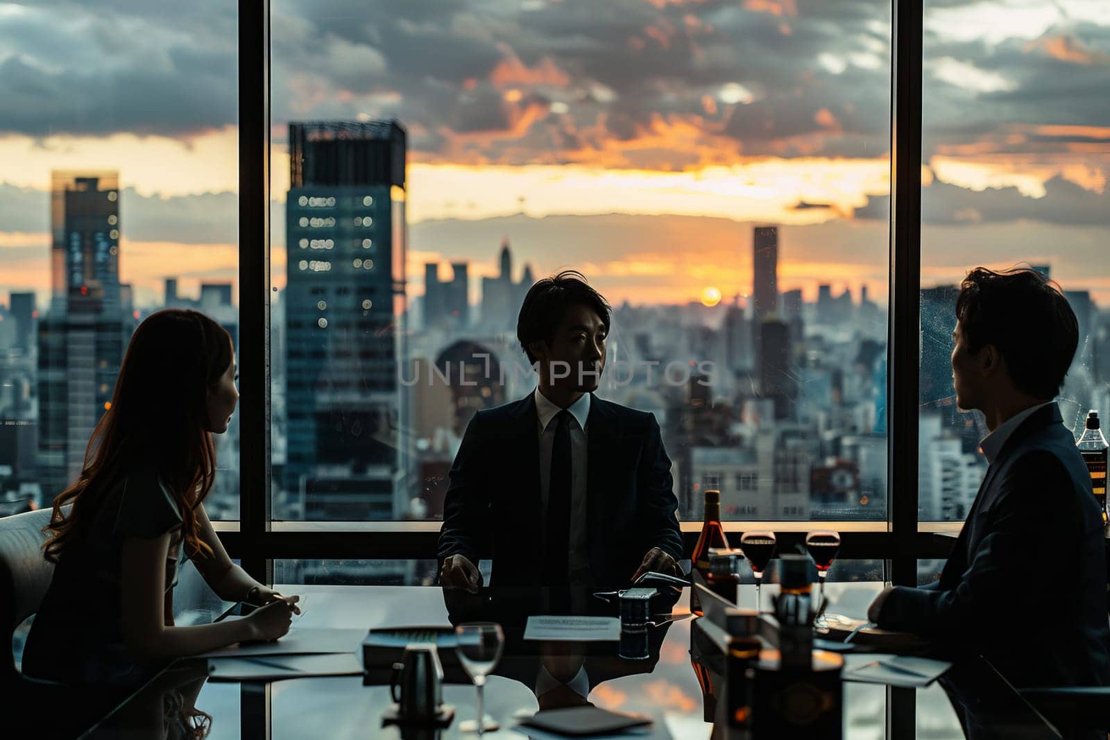Three people are sitting at a table in a city, with a sunset in the background. They are dressed in business attire and appear to be discussing something important