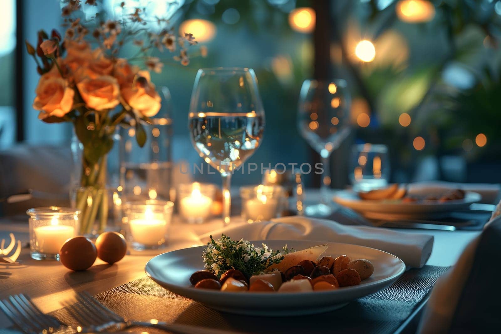 A table with two white plates and two wine glasses, with a vase of flowers in the middle. The table is set for two people and the atmosphere is elegant and intimate