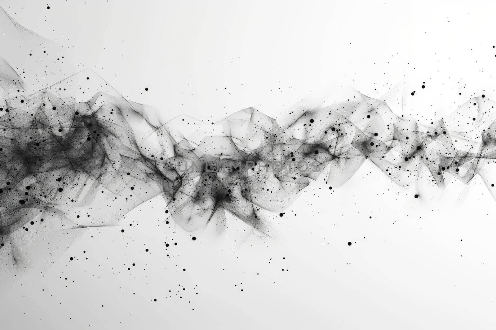 A black and white image of a line of dots with a white background. Concept of chaos and disorder, with the dots seemingly scattered and disorganized. The lack of color