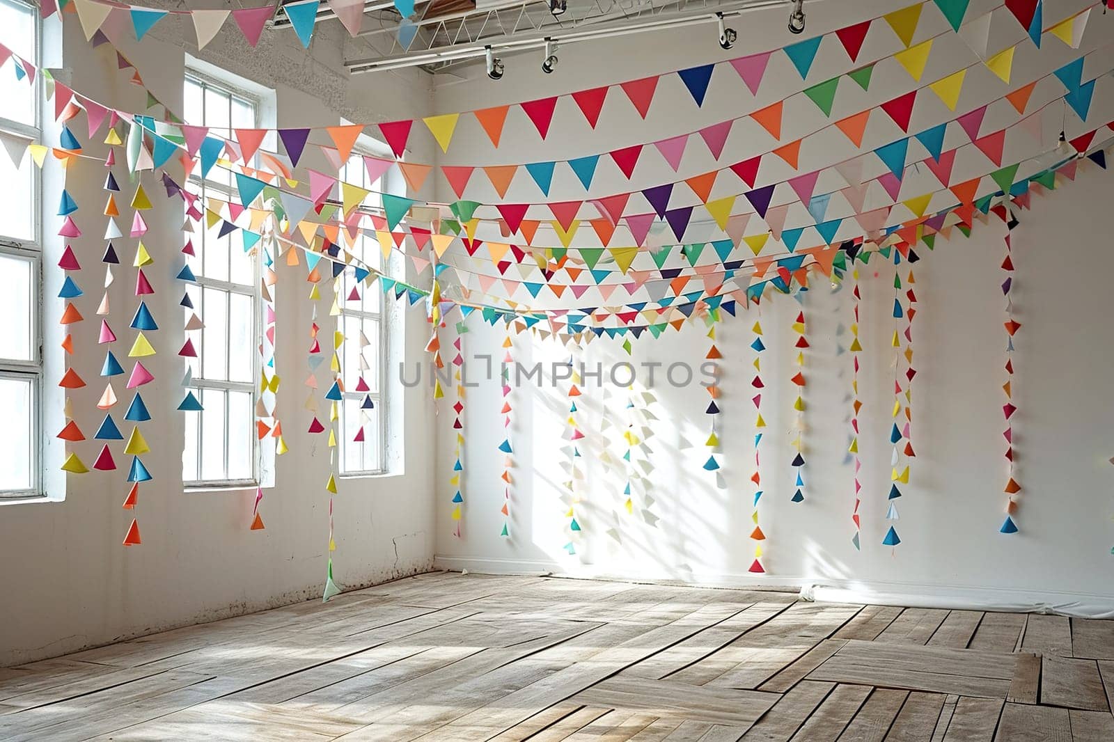 Spacious vintage room with large windows and garlands of flags.
