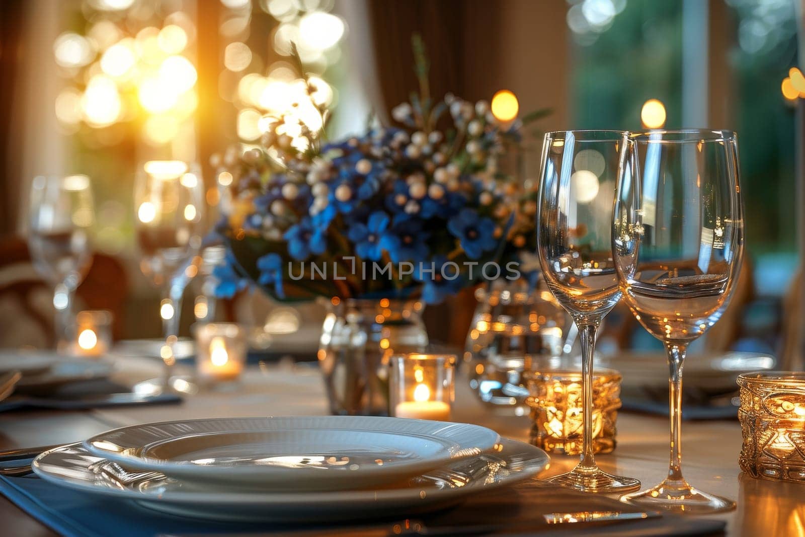 A table with two white plates and two wine glasses, with a vase of flowers in the middle. The table is set for two people and the atmosphere is elegant and intimate