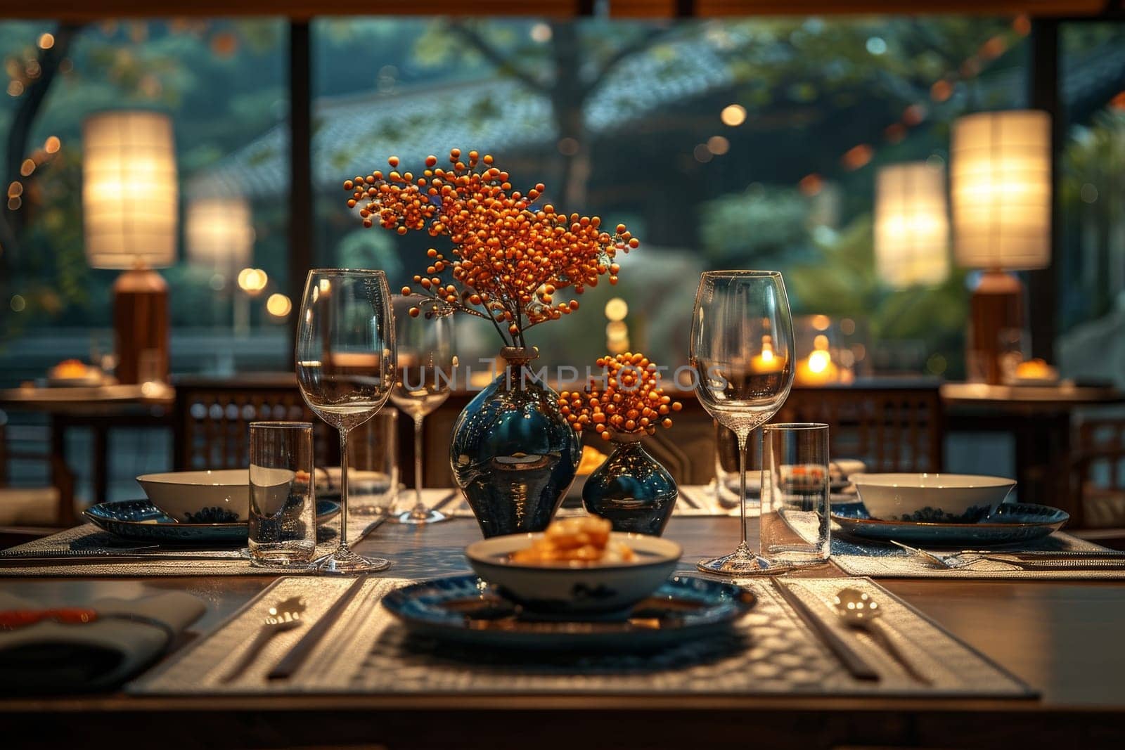 A table with two white plates and two wine glasses, with a vase of flowers in the middle. The table is set for two people and the atmosphere is elegant and intimate